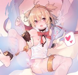 Rule 34 | 1girl, :d, andira (granblue fantasy), animal ears, bare shoulders, barefoot, blonde hair, blush, breasts, clothing aside, erune, eyes visible through hair, granblue fantasy, hair between eyes, hairband, heart, heart-shaped pupils, leotard, leotard aside, looking at viewer, monkey ears, nipples, open mouth, pink eyes, pussy, sawayaka samehada, see-through, small breasts, smile, solo, spoken heart, spread legs, symbol-shaped pupils, thighhighs, two side up, white leotard