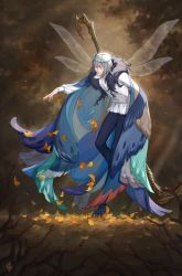 Rule 34 | 1boy, arthropod boy, autumn leaves, cape, closed eyes, crown, diamond hairband, fate/grand order, fate (series), full body, fur-trimmed cape, fur trim, grey hair, highres, holding, holding scythe, holding weapon, insect wings, leaf, light, light particles, long hair, long sleeves, male focus, oberon (fate), oberon (third ascension) (fate), scythe, shirt, smile, solo, spoilers, thedaw0, weapon, white shirt, wings