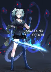 Rule 34 | 1girl, :3, arm at side, blue eyes, blue fire, character name, closed mouth, fangs, fangs out, fire, flaming weapon, full body, glowing, glowing eyes, green hair, hairband, hand up, highres, holding, holding sword, holding weapon, kemono friends, legs apart, long hair, looking at viewer, low-tied long hair, miniskirt, monster girl, multicolored hair, neckerchief, parted bangs, plaid, plaid skirt, puffy short sleeves, puffy sleeves, sailor collar, sandals, scales, school uniform, serafuku, shirt, short sleeves, skirt, smile, solo, standing, sword, tail, twintails, v-shaped eyebrows, weapon, yamata no orochi (kemono friends), yappa muri, yellow eyes