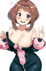 Rule 34 | 1girl, absurdres, areola slip, bare shoulders, blush, bodysuit, boku no hero academia, breasts, brown eyes, brown hair, cleavage, collarbone, covered navel, cowboy shot, dressing, flying sweatdrops, gluteal fold, hair intakes, hands up, highres, large breasts, looking at viewer, medium hair, open mouth, sidelocks, simple background, solo, swept bangs, teeth, thigh gap, undressing, uraraka ochako, white background, zd (pixiv6210083)