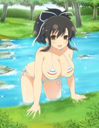 Rule 34 | 1girl, asuka (senran kagura), bare hips, bare legs, bare shoulders, bend, bikini, black hair, breasts, cleavage, front-tie bikini top, front-tie top, hair ribbon, highres, large breasts, looking at viewer, open mouth, ponytail, ribbon, river, riverbank, senran kagura, short hair, side-tie bikini bottom, sideboob, solo, striped bikini, striped clothes, swimsuit, thick thighs, thighs, tree, water, wet, wet bikini