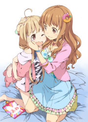 Rule 34 | 10s, 2girls, :3, ahoge, bed sheet, blonde hair, blue dress, blush, brown eyes, brown hair, cardigan, cheek-to-cheek, closed mouth, clothes writing, doughnut hair ornament, dress, food-themed hair ornament, futaba anzu, hair ornament, heads together, holding, idolmaster, idolmaster cinderella girls, kanzaki hiro, kneeling, long hair, looking at another, low twintails, moroboshi kirari, multiple girls, off-shoulder shirt, off shoulder, one eye closed, open cardigan, open clothes, open mouth, pastel colors, shirt, short sleeves, sleeves past elbows, smile, stuffed animal, stuffed rabbit, stuffed toy, tareme, twintails, wavy hair, wavy mouth, you work you lose
