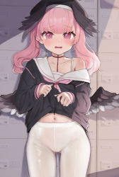 Rule 34 | 1girl, aori (binnoaori), black hat, black shirt, blue archive, blush, bra strap, closed mouth, clothes lift, collarbone, cowboy shot, crotch seam, feathered wings, gluteal fold, hat, head wings, koharu (blue archive), locker, long hair, long sleeves, looking at viewer, low wings, navel, neckerchief, no panties, off shoulder, pantyhose, pink eyes, pink hair, pink neckerchief, raised eyebrows, sailor collar, shirt, shirt lift, sidelocks, single bare shoulder, solo, standing, twintails, white pantyhose, wings