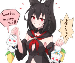 Rule 34 | 1girl, animal ears, black hair, black hoodie, breasts, commentary request, detached sleeves, eihire, english text, fox ears, fox girl, grin, hair between eyes, heart, heart-shaped pupils, holding person, hololive, hood, hoodie, kurokami fubuki, long hair, looking at viewer, midriff, navel, neckerchief, red eyes, red neckerchief, sidelocks, simple background, small breasts, smile, sukonbu (shirakami fubuki), symbol-shaped pupils, translated, upside-down, virtual youtuber, white background
