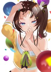 Rule 34 | 1girl, ahoge, arm up, balloon, black ribbon, blue eyes, blurry, blurry foreground, brown hair, cat hair ornament, collarbone, collared shirt, confetti, covering own mouth, crop top, cropped jacket, flat chest, forehead, green ribbon, hair ornament, hair ribbon, hand up, highres, hololive, jacket, medium hair, midriff, natsuiro matsuri, natsuiro matsuri (1st costume), navel, neck ribbon, off-shoulder jacket, off-shoulder shirt, off shoulder, orange jacket, ribbon, shadow, shirt, short sleeves, side ponytail, sidelocks, simple background, solo, upper body, virtual youtuber, white background, zeppeki shoujo