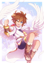 Rule 34 | 1boy, angel, angel wings, clenched hand, enni, highres, kid icarus, nintendo, one eye closed, pit (kid icarus), sandals, solo, toga, wings, wink