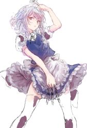 Rule 34 | 1girl, apron, asawa (dm owr), bad id, bad pixiv id, between fingers, braid, cowboy shot, frills, holding, holding knife, izayoi sakuya, knife, knives between fingers, looking at viewer, maid apron, maid headdress, open mouth, red eyes, short hair, silver hair, sketch, solo, thighhighs, touhou, twin braids, vest, white background