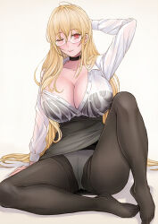 Rule 34 | 1girl, azur lane, black bra, black choker, black pantyhose, blonde hair, bra, bra visible through clothes, breasts, choker, full body, high-waist skirt, highres, huge breasts, implacable (azur lane), implacable (shepherd of the &quot;lost&quot;) (azur lane), long hair, looking at viewer, office lady, official alternate costume, one eye closed, panties, panties under pantyhose, pantyhose, partially unbuttoned, pencil skirt, red eyes, round eyewear, sai-go, see-through, see-through shirt, shirt, shirt tucked in, simple background, skirt, solo, underwear, very long hair, wet, wet clothes, wet shirt, white panties, white shirt