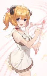 Rule 34 | 1girl, :d, ahoge, animal ears, blonde hair, bow, bowtie, brown dress, choker, commentary, cowboy shot, dress, from side, hair between eyes, hair ribbon, harp, highres, holding, holding instrument, hololive, horns, instrument, looking at viewer, looking to the side, music, musical note, open mouth, overskirt, pink ribbon, playing instrument, purple eyes, red choker, ribbon, sailor collar, sheep ears, sheep girl, sheep horns, short hair, short sleeves, smile, solo, standing, striped clothes, striped dress, tsunomaki watame, tsunomaki watame (street casual), vertical-striped clothes, vertical-striped dress, virtual youtuber, white bow, white bowtie, white sailor collar, woogi (duguddnr)