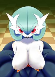Rule 34 | 1girl, alternate color, blue hair, breasts, cleavage, colored skin, creatures (company), female focus, game freak, gardevoir, gen 3 pokemon, looking at viewer, mega gardevoir, mega pokemon, neichii, nintendo, no humans, pokemon, pokemon (creature), puffy nipples, red eyes, shiny pokemon, short hair, smile, solo, third-party edit, uncensored, white skin