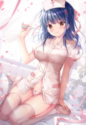 Rule 34 | 1girl, :q, blue hair, breasts, brown eyes, buttons, collared shirt, commentary request, digital thermometer, dress shirt, garter straps, hair ornament, hair ribbon, half updo, hand up, hat, highres, holding, holding thermometer, large breasts, long hair, looking at viewer, md5 mismatch, nanami yuuno, no pants, no shoes, nurse, nurse cap, original, panties, partially unbuttoned, petals, resolution mismatch, ribbon, shirt, short sleeves, sitting, smile, solo, source larger, sousouman, thermometer, thighhighs, tongue, tongue out, underwear, wariza, white panties, white shirt, white thighhighs