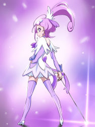 Rule 34 | 1girl, boots, cure sword, dokidoki! precure, earrings, florence temporary, from behind, hand on own hip, highres, jewelry, kenzaki makoto, looking back, name connection, object namesake, precure, purple background, purple eyes, purple footwear, purple hair, purple skirt, purple theme, rapier, skirt, solo, standing, sword, thigh boots, thighhighs, weapon