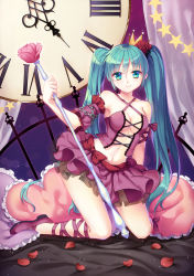 Rule 34 | 1girl, aqua eyes, aqua hair, bad id, bad pixiv id, breasts, center opening, chain, clock, crown, cushion, detached sleeves, hatsune miku, highres, kneeling, leg ribbon, long hair, looking at viewer, midriff, navel, petals, philomelalilium, project diva (series), project diva 2nd, ribbon, roman numeral, romeo to cinderella (vocaloid), skirt, smile, solo, star (symbol), twintails, very long hair, vocaloid