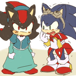 Rule 34 | 2boys, alternate costume, animal ears, animal nose, arms at sides, black fur, black hair, blue dress, blue fur, blue hair, blue hairband, blush, body fur, bukiko, coat, cosplay, crossdressing, dr. eggman, dr. eggman (cosplay), dress, embarrassed, eyewear on head, full body, furry, furry male, gloves, goggles, green eyes, grey-framed eyewear, hairband, hands up, long hair, long sleeves, looking at another, lowres, male focus, maria robotnik, maria robotnik (cosplay), multicolored hair, multiple boys, open mouth, red coat, red eyes, red footwear, red hair, shadow the hedgehog, shoes, sketch, socks, sonic (series), sonic the hedgehog, standing, streaked hair, sweat, tears, trembling, two-tone fur, two-tone hair, wavy mouth, white fur, white gloves, white legwear, yellow fur
