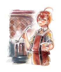 Rule 34 | 1boy, :q, ahoge, apron, blush, braid, braided bangs, bungou to alchemist, checkered clothes, checkered shirt, collared shirt, cooking pot, cropped legs, crossed bangs, dazai osamu (bungou to alchemist), grey shirt, hair between eyes, holding, holding ladle, kitchen, ladle, looking at viewer, male focus, open collar, plate, red apron, red hair, shirt, short hair, signature, simple background, sleeves rolled up, solo, steam, tasikanakoto, tasting plate, tongue, tongue out, white background, yellow eyes