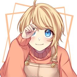 Rule 34 | 1girl, blonde hair, blue eyes, blush, brown overalls, commentary, cowlick, english commentary, highres, looking up, nijisanji, nijisanji id, nivel-floss, official alternate costume, orange sweater, overalls, portrait, short hair, smile, solo, sweater, turtleneck, turtleneck sweater, virtual youtuber, white background, zea cornelia