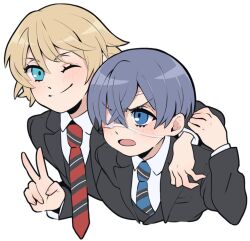 2boys :o alois_trancy aqua_eyes black_jacket blonde_hair blue_eyes blue_hair blue_necktie charcomcgee ciel_phantomhive collared_shirt commentary english_commentary eyepatch hair_between_eyes hand_on_another&#039;s_arm hand_on_another&#039;s_shoulder jacket kuroshitsuji kuroshitsuji:_kishuku_gakkou-hen looking_at_another looking_at_viewer male_focus medical_eyepatch multiple_boys necktie one_eye_closed open_mouth plaid_clothes plaid_necktie red_necktie school_uniform shirt short_hair simple_background smile upper_body v white_background white_shirt