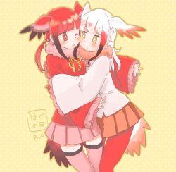 Rule 34 | 10s, 2girls, bird tail, bird wings, black hair, blush, cheek-to-cheek, commentary request, frilled sleeves, frills, fur collar, gloves, hair bobbles, hair ornament, hasu (zatsugami), head wings, heads together, highres, hug, japanese crested ibis (kemono friends), kemono friends, long sleeves, multicolored hair, multiple girls, neck ribbon, one eye closed, pantyhose, pleated skirt, red eyes, red hair, ribbon, scarlet ibis (kemono friends), short hair, sidelocks, skirt, tail, thighhighs, twintails, white hair, wings, yellow eyes