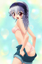 Rule 34 | 00s, 1girl, ass, blush, bra, clothes pull, fang, hairband, kawata hisashi, lingerie, long hair, looking back, no shirt, panties, pants, pants pull, pink panties, pulled by self, purple eyes, rozen maiden, shorts, shorts pull, silver hair, smile, solo, standing, strap slip, suigintou, third-party edit, underwear, undressing