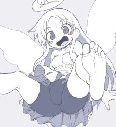 Rule 34 | 1futa, angel, angel wings, barefoot, bike shorts, blush stickers, broken halo, bulge, covered testicles, crimvael, dress, feet, flaccid, foot focus, foreshortening, futanari, greek toe, halo, highres, ishuzoku reviewers, long pointy ears, monochrome, other focus, oyatsu (mk2), penis, pleated dress, pointy ears, shorts under dress, simple background, soles, solo, sweat, testicles, toes, wings