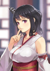 Rule 34 | 10s, 1girl, bare shoulders, black hair, blurry, blush, breasts, depth of field, detached sleeves, finger to mouth, hair ornament, kantai collection, large breasts, lips, looking at viewer, nail polish, nontraditional miko, obi, red eyes, sash, short hair, solo, tan taka, upper body, yamashiro (kancolle)