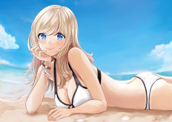 Rule 34 | 1girl, arm rest, ass, beach, bikini, blonde hair, blue eyes, blue sky, blush, breasts, cleavage, cloud, commentary request, day, hair over shoulder, halterneck, highres, long hair, looking at viewer, lying, medium breasts, mossan (mossan-777), nail polish, ocean, on stomach, original, outdoors, sand, sky, sleeveless, smile, solo, swimsuit, two-tone bikini, watch, water, wristlet