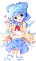 Rule 34 | 1girl, alternate costume, arm up, blue bow, blue eyes, blue hair, blue sailor collar, blue skirt, blush, bow, brown cardigan, cardigan, cirno, commentary request, cropped legs, hair between eyes, hair bow, hair ornament, head tilt, heart, highres, light blush, looking at viewer, medium hair, midriff, navel, open cardigan, open clothes, open mouth, over-kneehighs, partial commentary, pleated skirt, red bow, red neckwear, sabana, sailor collar, school uniform, serafuku, shirt, simple background, skirt, smile, solo, striped clothes, striped thighhighs, thighhighs, touhou, w, white background, white shirt