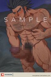 Rule 34 | 1boy, abs, arm hair, bad id, bad pixiv id, bara, blush, body hair, censored, cerberus arts, chest hair, completely nude, erection, facial hair, feet out of frame, hairy, highres, hunter x hunter, large pectorals, large penis, male focus, male masturbation, male pubic hair, masturbation, mosaic censoring, muscular, muscular male, navel, navel hair, nipple stimulation, nipple tweak, nipples, nude, paid reward available, patreon username, pectorals, penis, pubic hair, sample watermark, short hair, sideburns, solo, stubble, thick thighs, thighs, uvogin, watermark