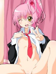 Rule 34 | 1girl, blush, breasts, clothes lift, curtains, female focus, hair ornament, hinamori amu, knee up, navel, necktie, nipples, one eye closed, open clothes, open mouth, open shirt, pink hair, ponytail, pussy, shirt, shirt lift, shugo chara!, side ponytail, sitting, small breasts, smile, solo, spread legs, ta (tama20150125), uncensored, v, wink, yellow eyes