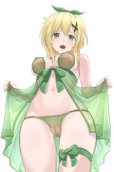Rule 34 | 1girl, akatsuki kirika, babydoll, bare shoulders, blaze (blaze pso2), blonde hair, blush, bow, breasts, cleavage, covered erect nipples, from below, green eyes, green panties, hair bow, hair ornament, lace, lace-trimmed panties, lace trim, lingerie, looking at viewer, medium breasts, navel, nipples, open mouth, panties, see-through, senki zesshou symphogear, simple background, solo, standing, thighhighs, underwear, white background, x hair ornament