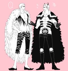 Rule 34 | ..., 2boys, black coat, black gloves, blonde hair, c (kkmr24), capri pants, coat, donquixote doflamingo, earrings, feather coat, full body, fur coat, fur trim, gloves, goggles, greyscale, hand in pocket, jewelry, leather, leg hair, looking at another, monochrome, multiple boys, muscular, muscular male, necklace, nervous smile, one piece, open clothes, pants, pink background, sheepshead (one piece), short hair, skull and crossbones, smile, sunglasses, white-framed eyewear
