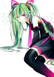 Rule 34 | 1girl, absurdres, bad id, bad pixiv id, detached sleeves, green hair, hatsune miku, heart, heart-shaped pupils, hibiya, highres, long hair, necktie, pink eyes, skirt, smile, solo, symbol-shaped pupils, thighhighs, twintails, vocaloid
