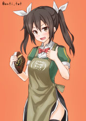 Rule 34 | 1girl, :d, anti (untea9), apron, black skirt, black thighhighs, blush, bow, bowtie, brown apron, brown eyes, brown hair, clothes writing, english text, green shirt, hair ribbon, highres, holding, kantai collection, long hair, looking at viewer, medium skirt, open mouth, orange background, red bow, red bowtie, ribbon, shirt, short sleeves, side slit, sidelocks, simple background, skirt, smile, solo, thighhighs, thumbs up, tone (kancolle), twintails, twitter username, v-shaped eyebrows, valentine, white ribbon