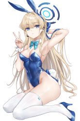 Rule 34 | 1girl, animal ears, arm behind head, arm up, armpits, asle, bare shoulders, blonde hair, blue archive, blue eyes, blue leotard, blush, bow, bowtie, braid, breasts, cleavage, commentary, detached collar, earpiece, fake animal ears, fake tail, french braid, halo, high heels, highleg, highleg leotard, highres, leotard, long hair, looking at viewer, medium breasts, playboy bunny, rabbit ears, rabbit tail, sitting, solo, tail, thighhighs, thighs, toki (blue archive), toki (bunny) (blue archive), v, wariza, white thighhighs, wrist cuffs