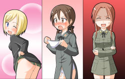 Rule 34 | 00s, 3girls, ass, blonde hair, blue eyes, blush, bottomless, brown eyes, brown hair, erica hartmann, closed eyes, gertrud barkhorn, holding, holding clothes, holding panties, holding underwear, long hair, looking back, military, military uniform, minna-dietlinde wilcke, multiple girls, no panties, one eye closed, panties, unworn panties, red hair, shinjou ryou, short hair, strike witches, twintails, underwear, uniform, white panties, wink, world witches series, youta (asatsukidou)