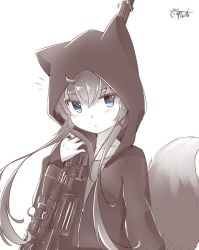 Rule 34 | 1girl, animal ears, blue eyes, coreytaiyo, dated, expressionless, greyscale, gun, hood, hood up, hoodie, long hair, long sleeves, monochrome, original, partially unzipped, rifle, shirt, signature, sniper rifle, spot color, tail, weapon