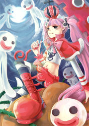 Rule 34 | 1girl, boots, breasts, capelet, crown, devend, devil fruit, female focus, ghost, grey eyes, horo horo no mi, long hair, midriff, moon, navel, night, night sky, one piece, perona, pink hair, plant, pumpkin, red footwear, red skirt, shoes, short cape, sitting, skirt, sky, solo, thighhighs, thorns, twintails, umbrella, vines