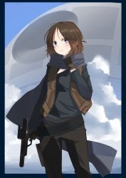 Rule 34 | 1girl, adjusting scarf, animification, bad id, bad pixiv id, belt, brown hair, cloud, cloudy sky, death star, energy gun, gloves, grey eyes, hair bun, holster, jacket, jyn erso, long sleeves, looking at viewer, messy hair, open mouth, pants, rogue one: a star wars story, scarf, serious, single hair bun, sky, solo, star wars, vest, weapon, xialuluo (sharuro)