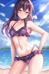 Rule 34 | 1girl, absurdres, bare arms, beach, bikini, blue sky, breasts, cleavage, closed mouth, cloud, collarbone, commentary request, day, hair between eyes, hand on own hip, highres, long hair, looking at viewer, mitomumitomu, mountainous horizon, navel, original, outdoors, purple bikini, purple eyes, purple hair, sky, small breasts, smile, standing, stomach, swimsuit