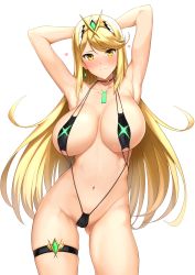Rule 34 | 1girl, armpits, arms behind head, bare arms, bare shoulders, black one-piece swimsuit, blonde hair, blush, breasts, chest jewel, choker, cleavage, closed mouth, collarbone, cowboy shot, earrings, gem, gluteal fold, groin, halcon, headpiece, heart, highres, huge breasts, jewelry, long hair, looking at viewer, mythra (xenoblade), navel, nintendo, one-piece swimsuit, simple background, skindentation, slingshot swimsuit, solo, swept bangs, swimsuit, thick thighs, thigh strap, thighs, tiara, white background, xenoblade chronicles (series), xenoblade chronicles 2, yellow eyes