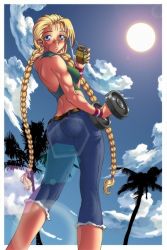 Rule 34 | 1girl, antenna hair, ass, back, bandaid, bandaid on face, bandaid on nose, blonde hair, blue eyes, blue sky, blush, braid, breasts, butt crack, cammy white, capcom, capri pants, casual, cloud, covered erect nipples, day, denim, exercising, female focus, from behind, gammatelier, juice box, lens flare, long hair, looking back, medium breasts, midriff, muscular, nature, outdoors, palm tree, pants, scar, sky, solo, street fighter, sun, tree, twin braids, twintails, wristband