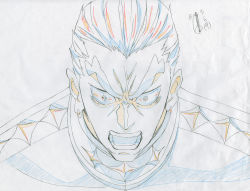 Rule 34 | 10s, 1boy, angry, color trace, commentary, earrings, gamagoori ira, grey background, highres, jewelry, key frame, kill la kill, male focus, o o, official art, partially colored, production art, promotional art, shoulder pads, simple background, sketch, trigger (company), uniform, upper body, white background