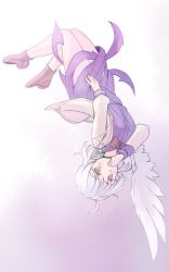 Rule 34 | 1girl, boots, bow, bowtie, covering own mouth, dress, feathered wings, jacket, kishin sagume, long sleeves, looking at viewer, purple dress, rangycrow, red bow, red eyes, short hair, silver hair, simple background, single wing, solo, touhou, upside-down, white wing, wings