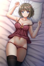 Rule 34 | 10s, 1girl, arm up, bare arms, bare shoulders, bed sheet, black thighhighs, blue eyes, blush, bow, bow panties, breasts, brown camisole, brown hair, brown panties, camisole, cleavage, closed mouth, collarbone, commentary, fingernails, hair ornament, highres, kazenokaze, koga tomoe, looking at viewer, lying, medium breasts, navel, on back, panties, pillow, revision, seishun buta yarou, short hair, skindentation, solo, stomach, strap slip, thighhighs, underwear