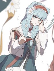 Rule 34 | 1girl, absurdres, animal ears, arknights, bear ears, blue eyes, blue hair, braid, commentary, dress, dutch angle, flower, glasses, green dress, hairband, hand on own face, highres, istina (arknights), istina (bibliosmia) (arknights), jacket, light blue hair, light blush, long hair, looking at viewer, monocle, off shoulder, official alternate costume, open clothes, open jacket, pince-nez, red hairband, semi-rimless eyewear, shoujo l, solo, striped clothes, striped hairband, twin braids, under-rim eyewear, upper body, white background, white flower, white jacket, white sleeves