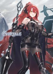 Rule 34 | 1girl, bare shoulders, black dress, boots, breast curtains, commentary request, copyright name, cuboon, dress, elbow gloves, evertale, gloves, highres, holding, holding weapon, lips, loincloth, long hair, looking at viewer, official art, parted lips, polearm, ponytail, red hair, revealing clothes, shiny clothes, short dress, simple background, skin tight, sleeveless, smile, solo, spear, thigh boots, very long hair, weapon, yellow eyes