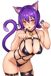 Rule 34 | 1girl, absurdres, animal collar, animal ear fluff, animal ears, bare arms, bare shoulders, bell, black collar, black thighhighs, blair (soul eater), blush, bondage outfit, breasts, cat ears, cat girl, cat tail, cetta (cettadvd), collar, cowboy shot, diamond-shaped pupils, diamond (shape), furrowed brow, gluteal fold, hair between eyes, highres, jingle bell, large breasts, leaning forward, looking at viewer, neck bell, o-ring, o-ring thigh strap, open mouth, paw pose, purple hair, short hair, simple background, single thighhigh, skindentation, solo, soul eater, standing, symbol-shaped pupils, tail, tail raised, thigh strap, thighhighs, torn clothes, torn thighhighs, white background, yellow eyes