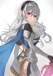 Rule 34 | 1girl, armor, ass, black hairband, blue cape, blush, cape, commentary request, corrin (female) (fire emblem), corrin (fire emblem), fire emblem, fire emblem fates, grey hair, hair between eyes, hairband, hashiko (neleven), highres, holding, holding sword, holding weapon, long hair, looking at viewer, nintendo, pointy ears, red eyes, simple background, solo, sword, weapon, white background, yato (fire emblem)