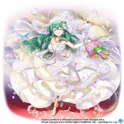 Rule 34 | 1girl, alternate costume, basket, breasts, closed eyes, copyright name, copyright notice, dress, facing viewer, flower, frog, frog hair ornament, full body, game cg, gloves, green hair, hair ornament, holding, holding basket, jewelry, kochiya sanae, kochiya sanae (the white miracle that brings good luck), large breasts, long hair, looking at viewer, necklace, off-shoulder dress, off shoulder, petals, rotte (1109), smile, snake hair ornament, solo, third-party source, touhou, touhou lostword, wedding dress, white dress, white flower, white footwear, white gloves