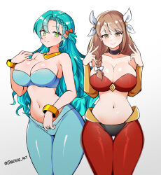 Rule 34 | 2girls, aladdin (disney), alternate costume, aqua hair, bandeau, bare arms, bare shoulders, black choker, blue pants, bow, bracelet, braid, breasts, brown hair, chloe (fire emblem), choker, cleavage, commentary, commentary request, cosplay, crossover, fire emblem, fire emblem engage, goldmary (fire emblem), gradient background, green eyes, grey background, hair bow, hair ribbon, harem outfit, highres, jarckius, jasmine (disney), jasmine (disney) (cosplay), jewelry, large breasts, leggings, long hair, multiple girls, navel, neck ring, nintendo, orange bow, pants, red pants, ribbon, shantae, shantae (cosplay), shantae (series), smile, stomach, strapless, thighs, very long hair, white ribbon, yellow eyes
